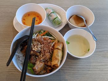 High angle view of meal served on table