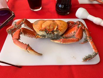 High angle view of food in plate on table