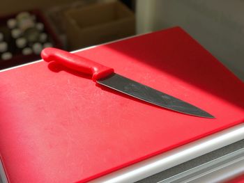 High angle view of red toy on table