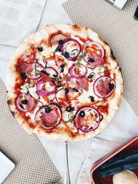 High angle view of pizza on table