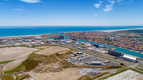 High angle view of beach against blue sky