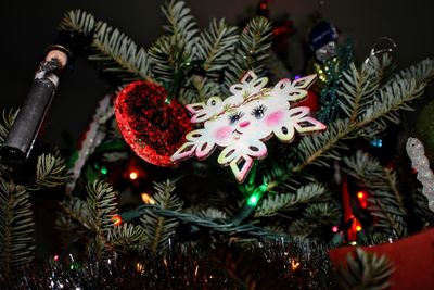 Close-up of christmas decorations hanging on tree