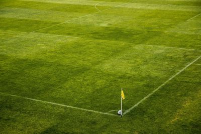 High angle view of soccer on field