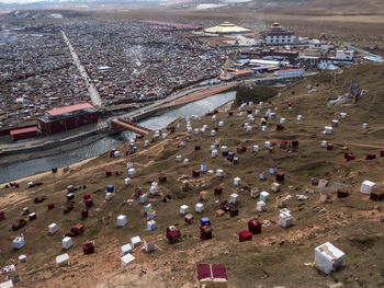 High angle view of crowd at riverbank