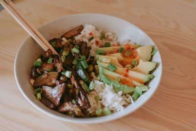 High angle view of meal served on table