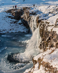 Full frame view of icy waterfall with clear blue sky on a sunny morning