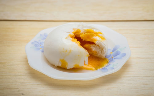 High angle view of dessert in plate on table