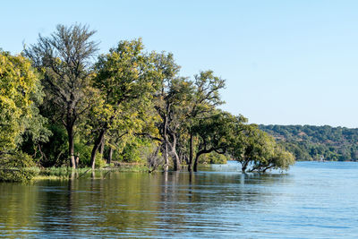 Scenic view of lake against clear sky