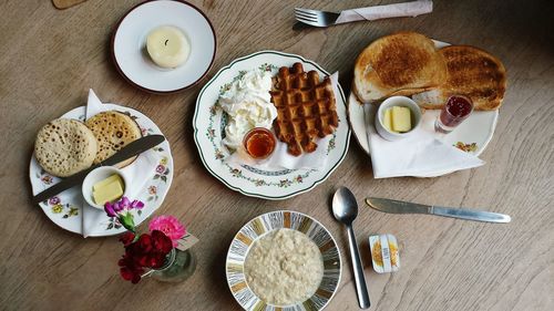 High angle view of breakfast on table