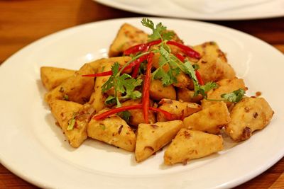 Close-up of food in plate on table