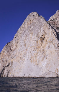 Rock formations by sea against clear blue sky