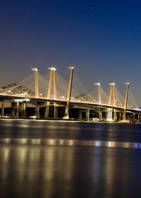 Bridge over river in city against clear sky