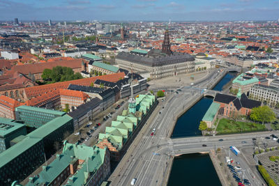 High angle view of city buildings