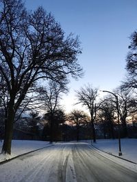 Road amidst trees against sky during sunset