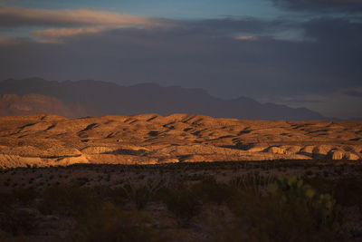 Scenic mountain and desert view of sunset in big bend national park, texas