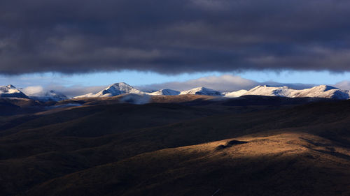 Scenic view of mountains against cloudy sky