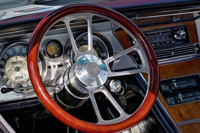 Close-up of steering wheel in vintage car