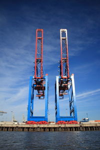 Cranes at harbor against blue sky