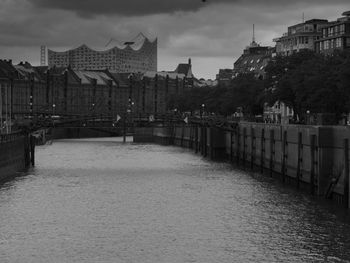 Bridge over river against buildings in city