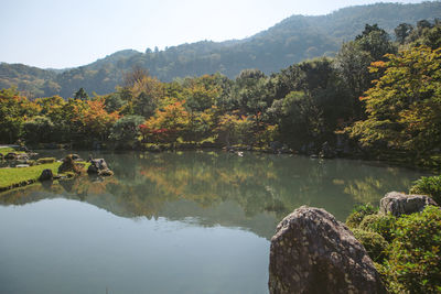 Scenic view of lake by trees against sky