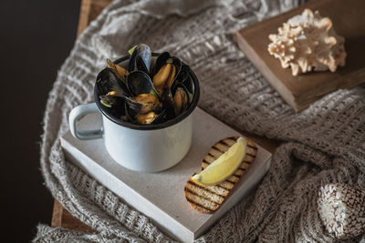 Close-up of mussels on table