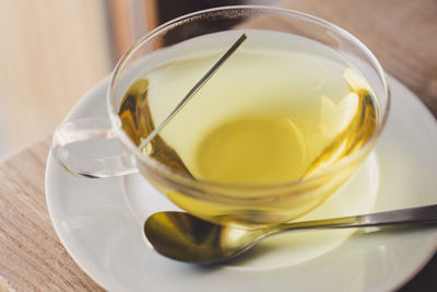 Close-up of tea cup on table