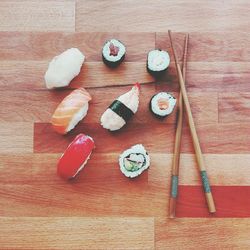 Directly above shot of food on wooden table