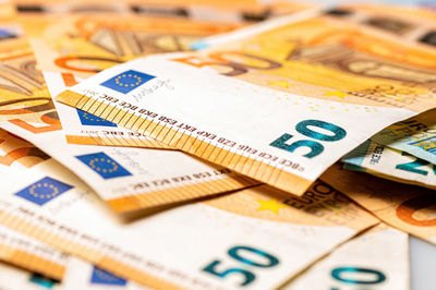 Money background from 50 and 20 euro banknotes. euro banknote close-up