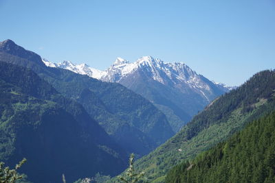 Scenic view of mountains against clear blue sky