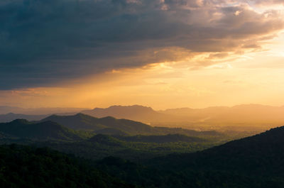 Scenic view of mountains against sky during sunset