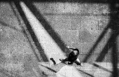 High angle view of cat on shadow of man