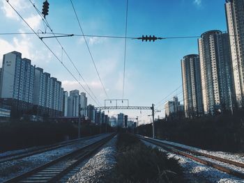 Railroad tracks amidst buildings in city