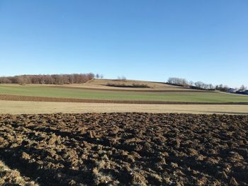 Scenic view of agricultural field against clear blue sky