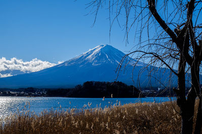 Scenic view of snowcapped mountains by lake against sky
