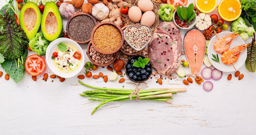 High angle view of fruits served on table