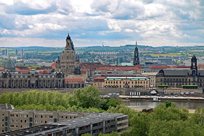 High angle view of buildings against sky