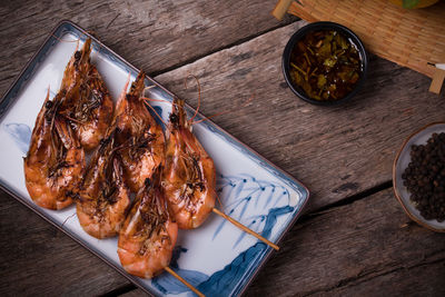 High angle view of food in plate on table