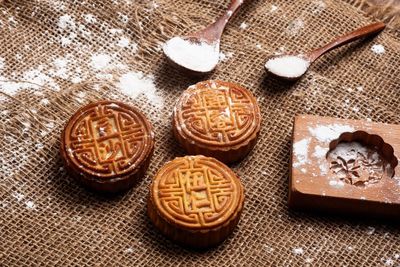 High angle view of cookies on table