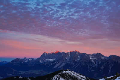 Dachstein morning glory scenic view of snowcapped mountains against sky during sunset