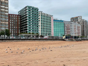 View of city buildings at beach against sky