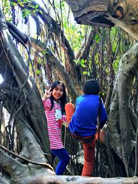 Rear view of friends sitting on tree trunk