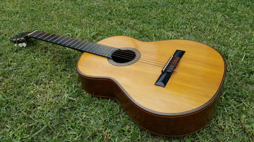 High angle view of acoustic guitar grassy field