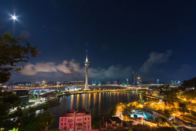 Illuminated buildings in city at night