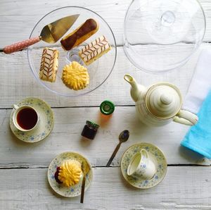 Directly above shot of food on wooden table