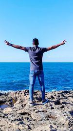 Full length rear view of man standing by sea against sky