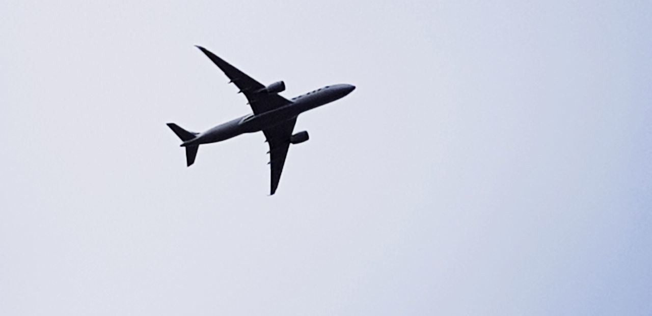 LOW ANGLE VIEW OF AIRPLANE FLYING IN CLEAR SKY