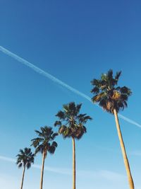 Low angle view of palm trees and vapor trail against clear blue sky