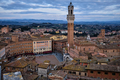 High angle view of buildings in city