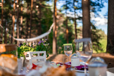 Picnic in the nature, table, carpets, wigwam, tent, pillows in the park.