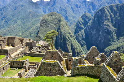 High angle view of old ruin on mountain